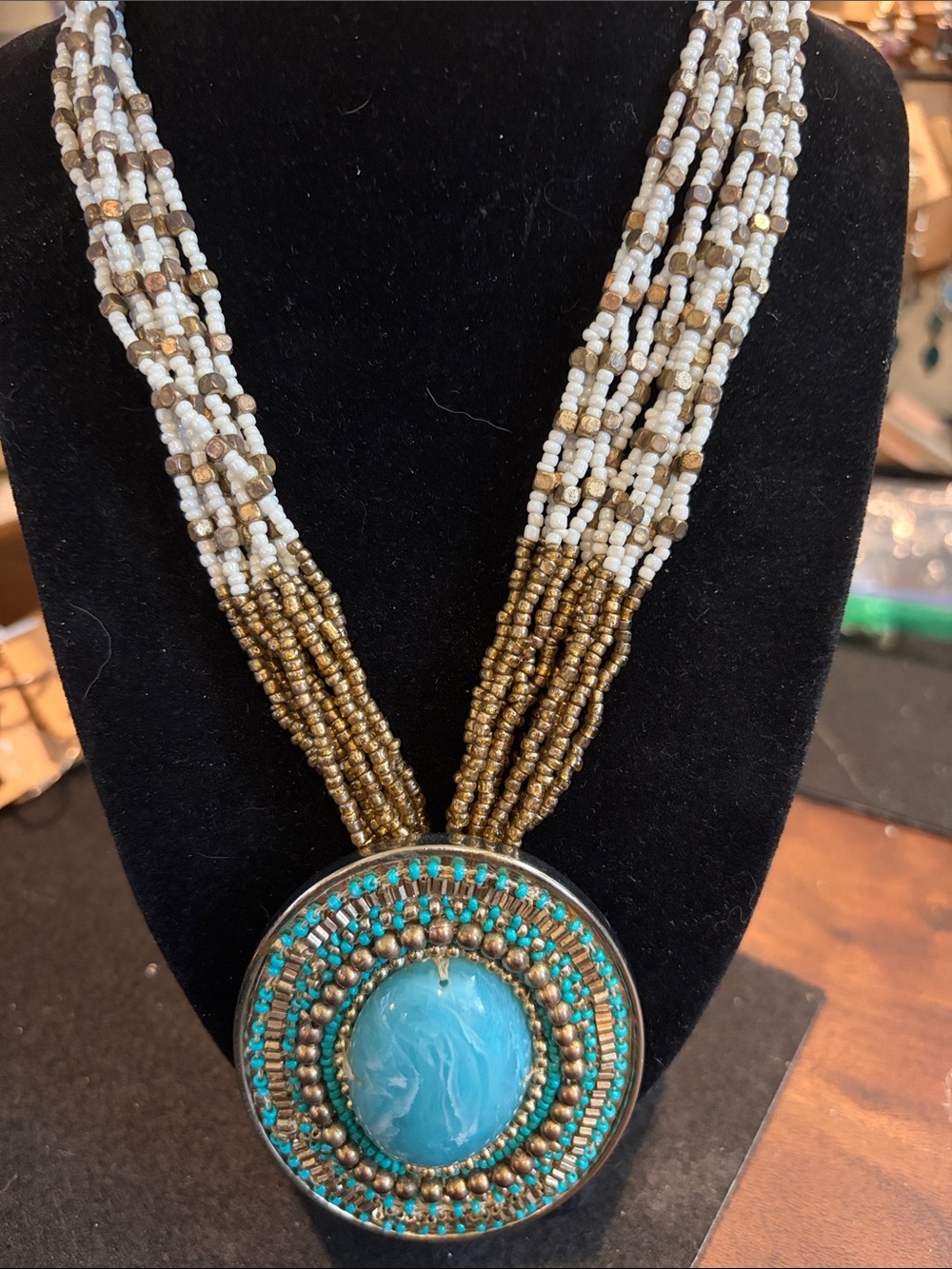 Chico's Turquoise and Gold Beaded Pendant Necklace